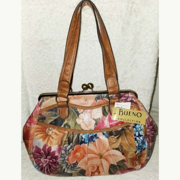 BUENO X-LARGE VEGAN FLORAL PATTERN SHOULDER HANDBAG, BRASS HARDWARE - Picture 1 of 5